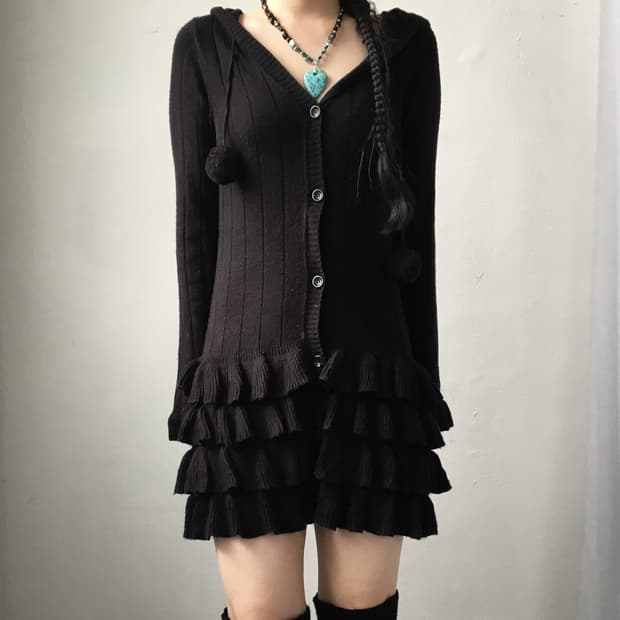 Pom pom frill point knit hood cardigan
