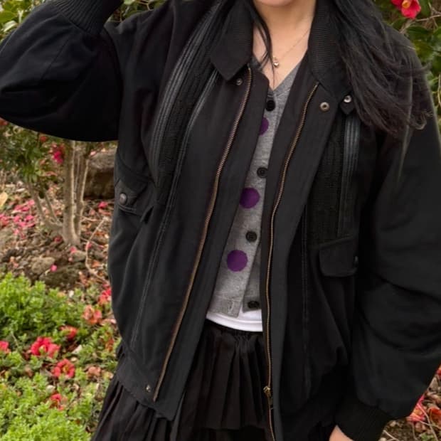 빈티지클럽 블랙 가죽 디테일 자켓