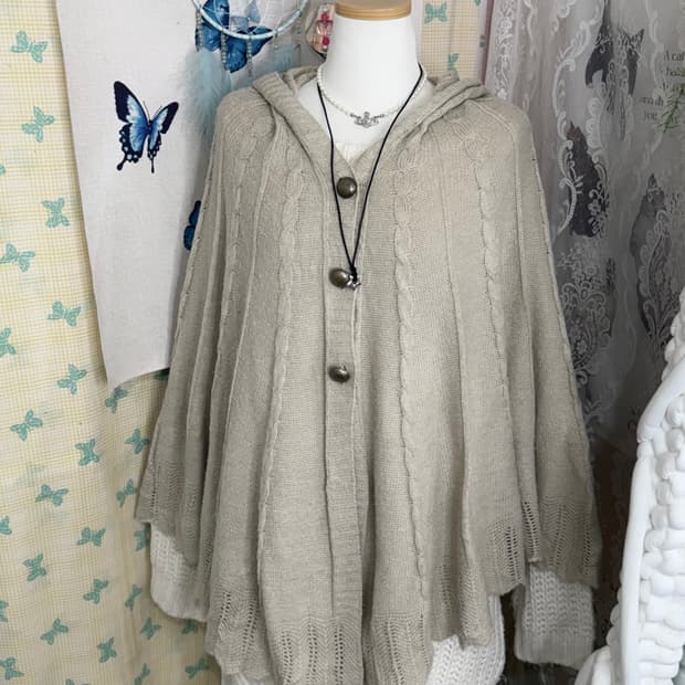 베이지 케이프 후드 니트 가디건