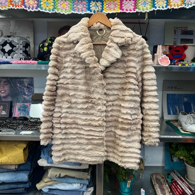 Beige Stripe Faux Fur Coat
