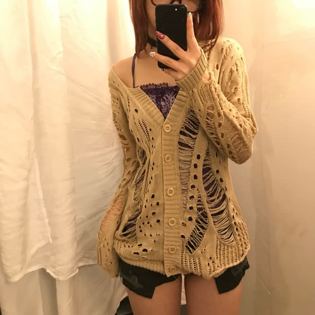 Vintage 대장급 락 펑크 갸루 데미지 니트 가디건