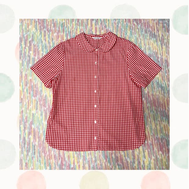 레드 체크 둥근 카라 블라우스