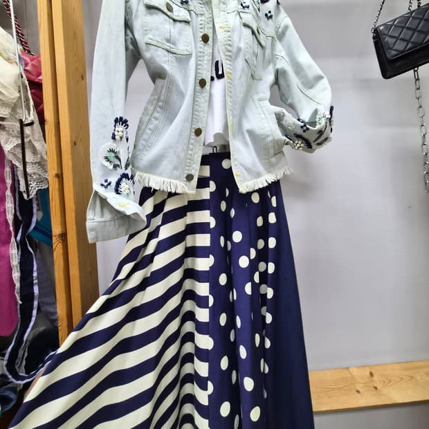 수입 핸드비즈 데님자켓.blank 도트 스트라이프 스커트
