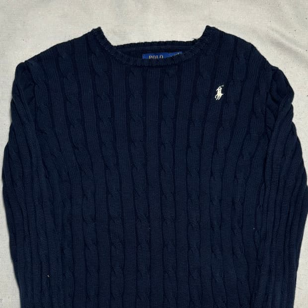 S 폴로랄프로렌 화이트 포니 여성용 네이비 케이블 니트 