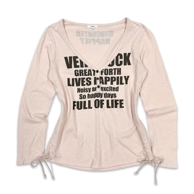 빈티지 J-HONEY 연핑크 레터링 하프 단추 긴팔티