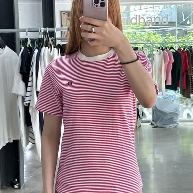 베이프 베이비마일로 핑크 스트라이프 크루넥 반팔티