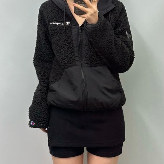 챔피온 블랙 쉐르파 플리스 후드집업 자켓