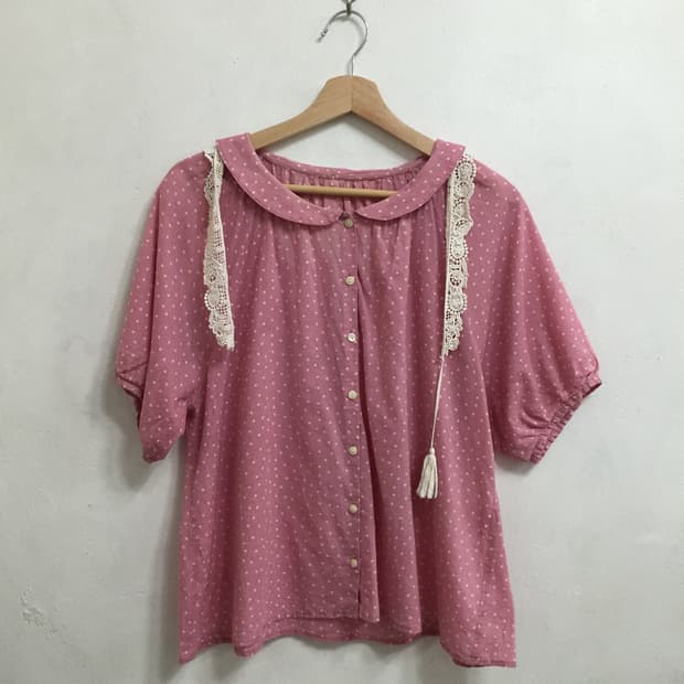 jpn) 모리걸 하구미 딸기우유 도트 레이스 둥근카라 반팔 블라우스