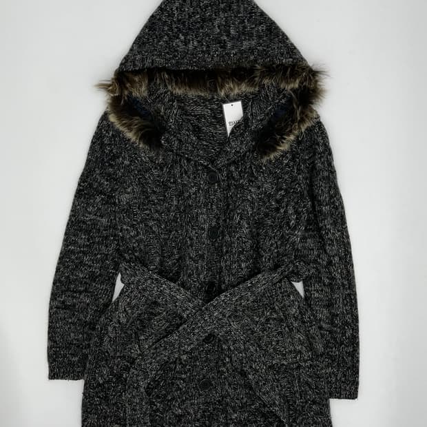 빈티지 퍼 후드 롱 니트 가디건