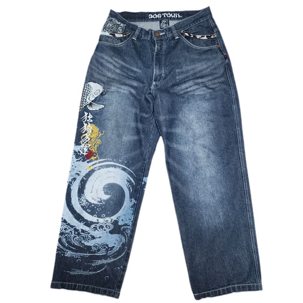도그타운 오리엔탈 코이 잉어 자수 데님팬츠