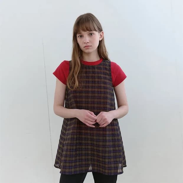 엔조블루스 시어 체크 슬리브리스탑 네이비(1회착용)