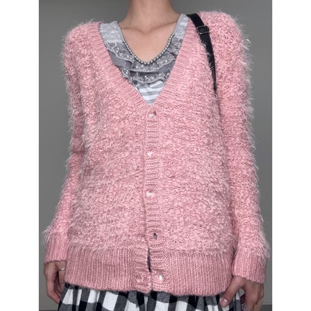 빈티지 핑크 퍼 가디건