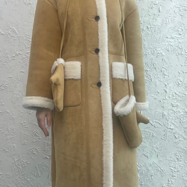 (새상품, 포장) 털 장갑 포함, 롱 베이지 무스탕