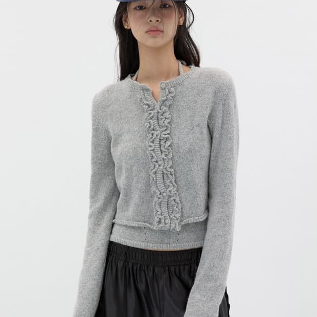 미치코런던 레이스 러플 가디건 세트 멜란지 그레이