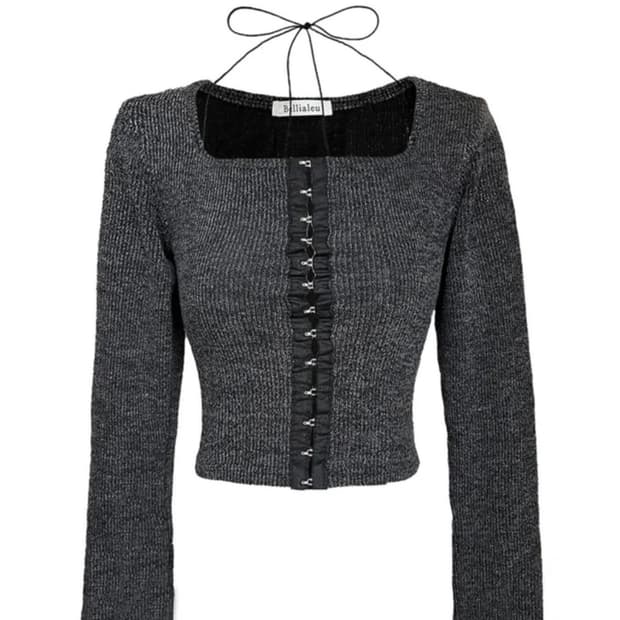 벨리아르 리본 탑 긴팔티 챠콜