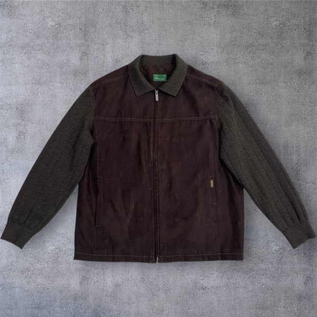 로가디스 진브라운 니트소매 스웨이드 믹스 블루종 자켓 105