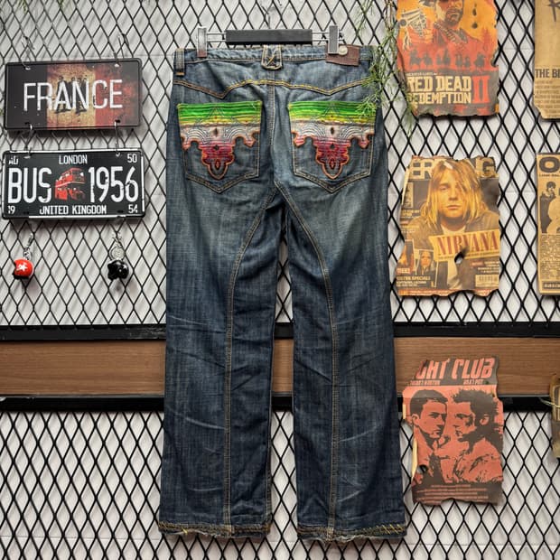 00s USA VINTAGE 데님 팬츠 후면 멀티컬러 자수 포인트 중청