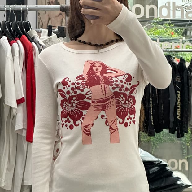 히스테릭글래머 프린팅 롱슬리브 골지티셔츠
