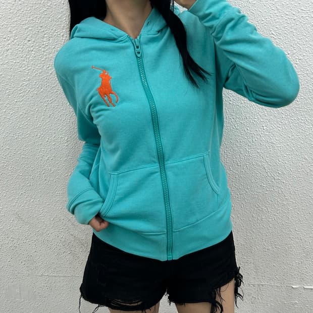 폴로 랄프로렌 오렌지 빅포니 민트 후드집업 M