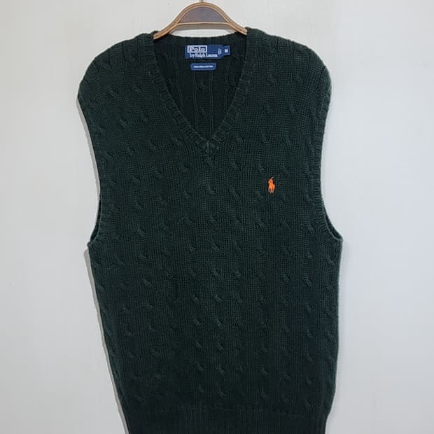 (L) 랄프로렌 폴로 꽈배기 니트조끼 녹색 케이블 베스트 피마코튼 