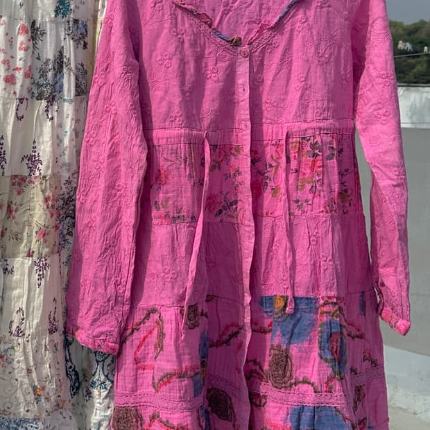 하구미 핑크 패치워크 바선생 원피스 블라우스 에스닉 히피 모리 빈티지