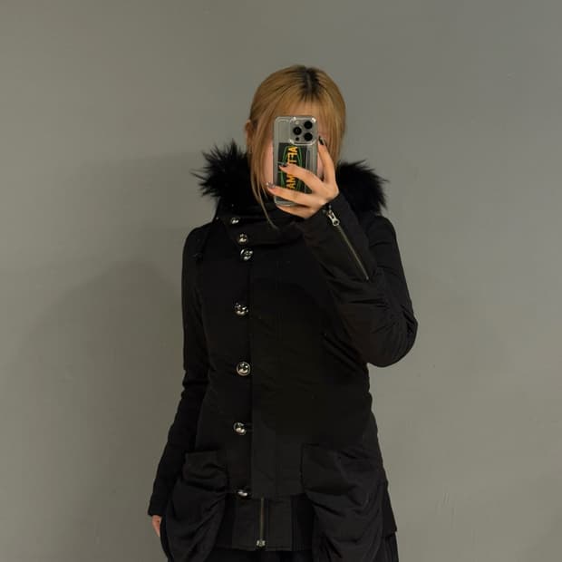 Lip service button-up fur hood jumper