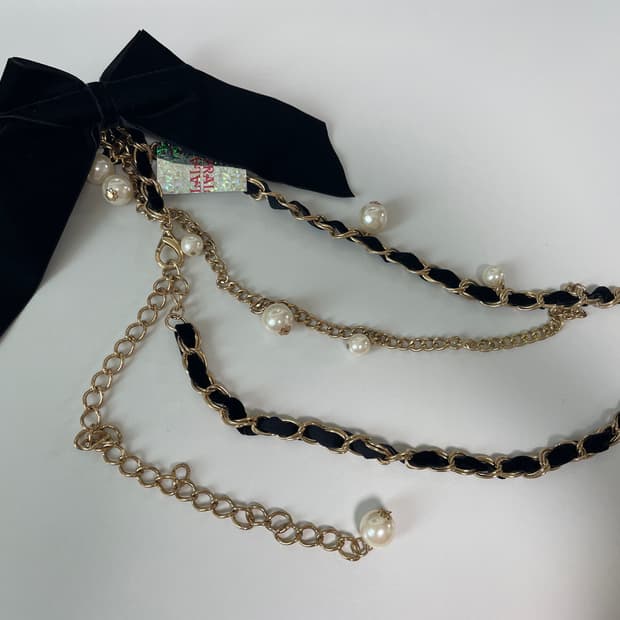 [새상품] 트랄라라 블랙 리본 진주 체인 벨트