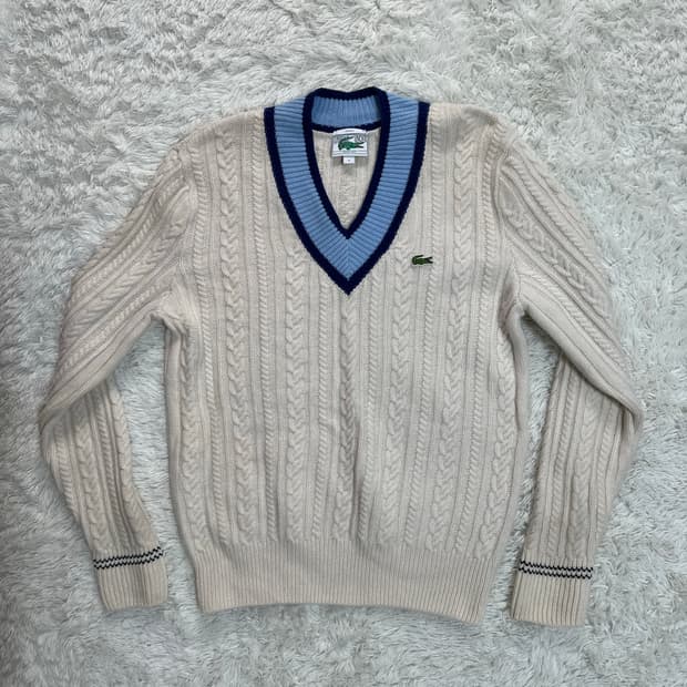 라코스테 아이보리 V넥 케이블 니트 M