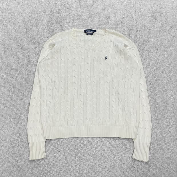 폴로 랄프로렌 포니 로고 케이블 브이넥 니트 아이보리