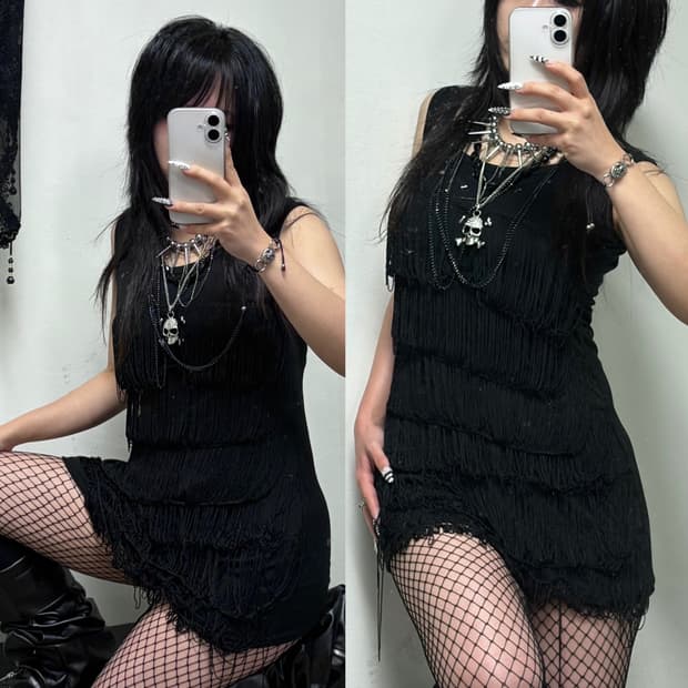 착샷추가) 테슬 딱붙 나시원피스 그런지 고스 인더스트리얼 오피움 락 블랙