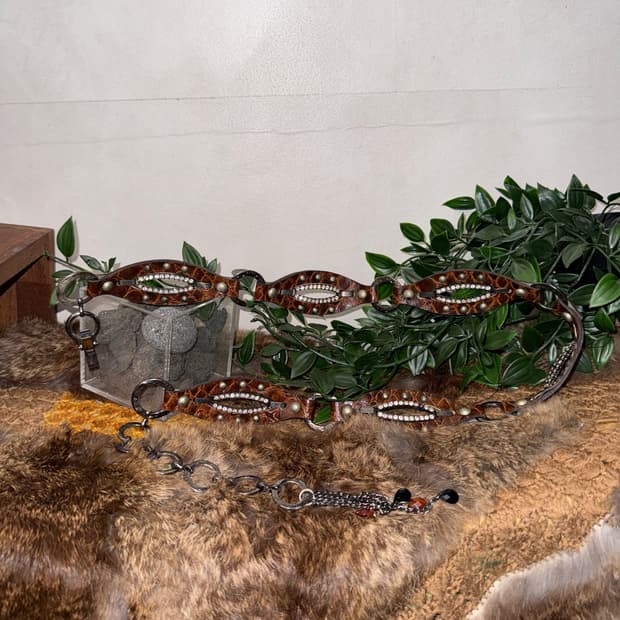 Brown python cubic stud chain belt