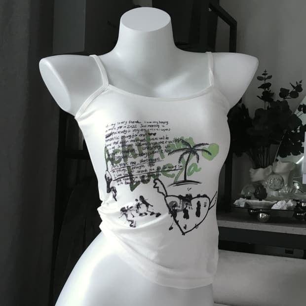 ༒ letter-printed shirring sleeveless