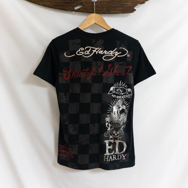 ed hardy 에드하디 스컬 큐빅 체크 패턴 블랙 티셔츠