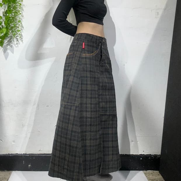 일본 빈티지 카키 체크 키치 롱 스커트 