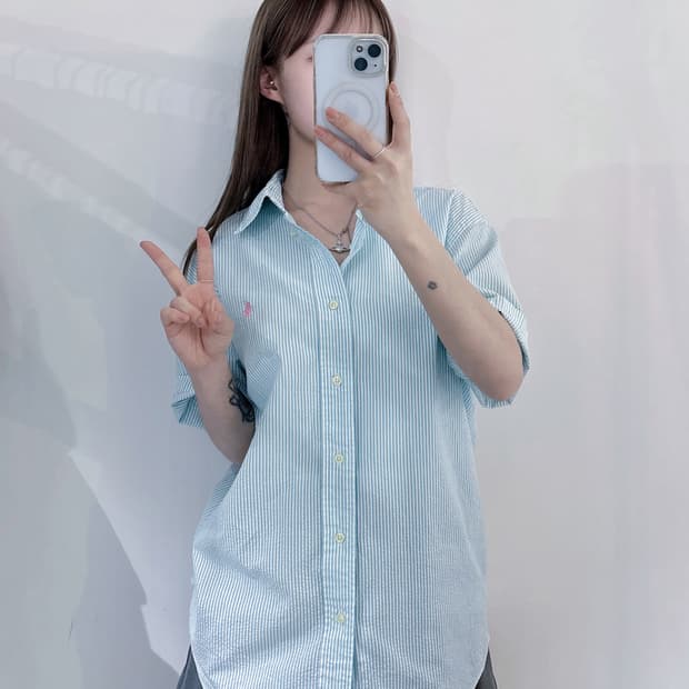 폴로랄프로렌 민트 스트라이프 시어서커 반팔 셔츠