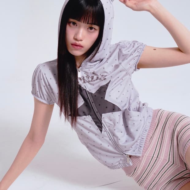 프렌다 CAT SHORT SLEEVE HOODIE ZIP-UP GRAY