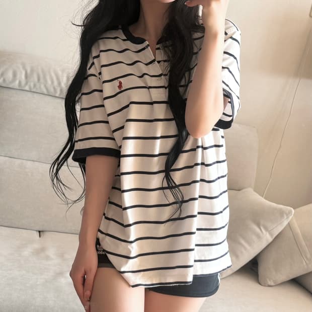 폴로 랄프로렌 스트라이프 화이트 네이비 반팔 (QR)