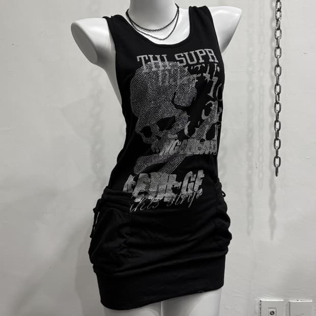 mkr 해골 스터드 레터링 포켓 블랙 후드 나시 원피스 펑크