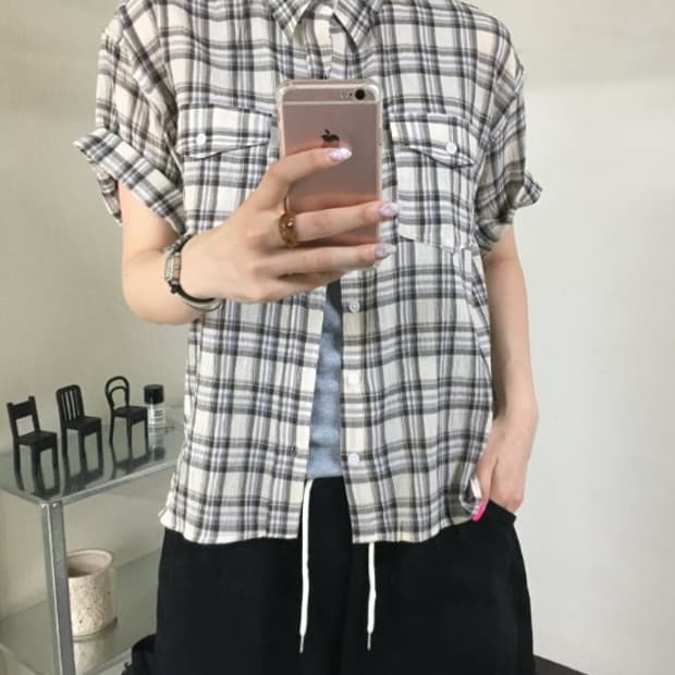 양포켓 크롭 체크 반팔셔츠(Unisex)