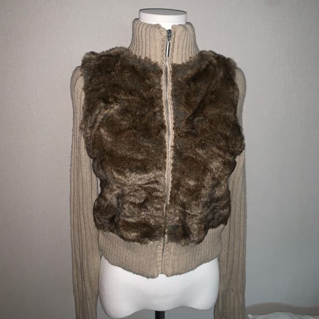 빈티지 퍼 트리밍 니트 집업