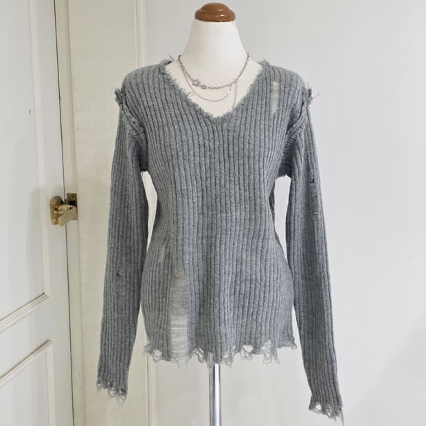 빈티지) 페어리 그런지 y2k v넥 데미지 울 루즈니트 긴팔 롱슬리브