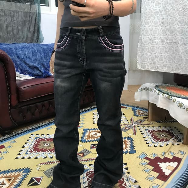 빈티지 핑크 스티치 스판 흑청 부츠컷 데님팬츠 