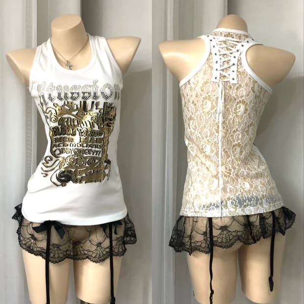 gold lace corset back tank top