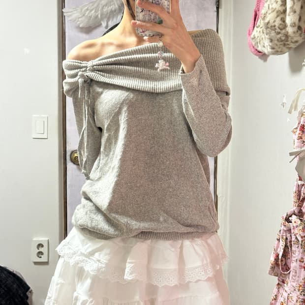 빈티지 쿠앤크 리본 오프숄더 니트 티셔츠 히메갸루 로걀 리떼 긱시크 고딕