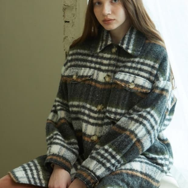 룩캐스트 블랙 체크 롱셔츠 자켓 코트 여성용 오버핏 55~77