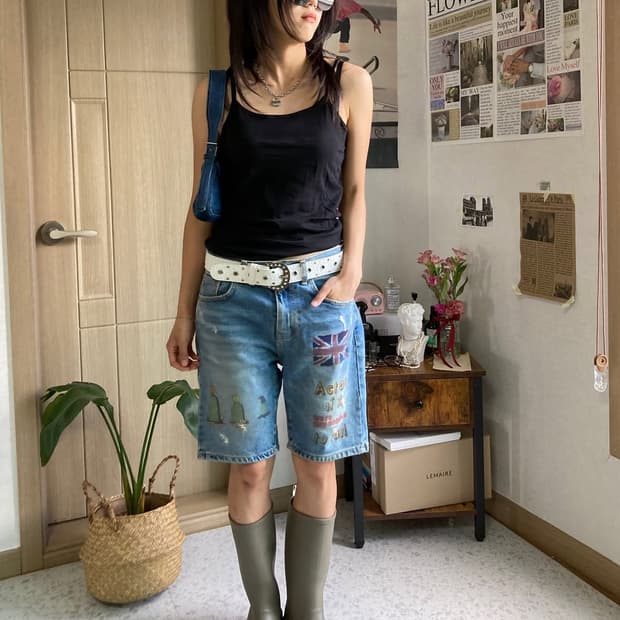 프린팅 하프 데님 팬츠