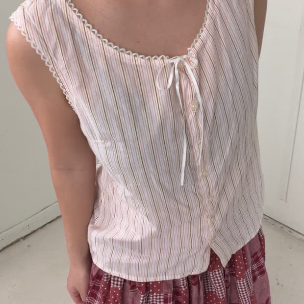 일본빈티지 핑크 레이스 슬리브리스