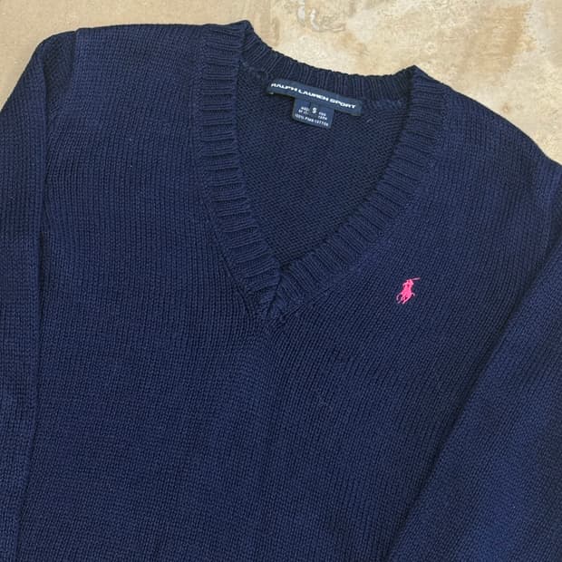 S 폴로랄프로렌 스포츠 여성용 네이비 브이넥 니트