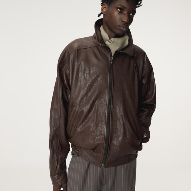 렉토 헤링턴 하이넥 레더 점퍼 브라운 L