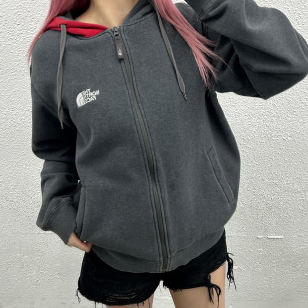 노스페이스 후드 레드배색 빅로고 차콜 후드집업 100